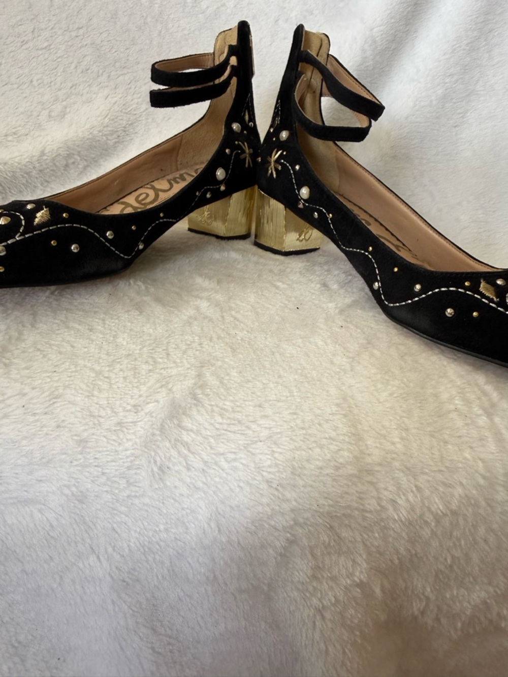 Sam Edelman Lucien Embroidered Pearl Stud Ankle Strap Block Heel Pumps - Picture 7 of 7